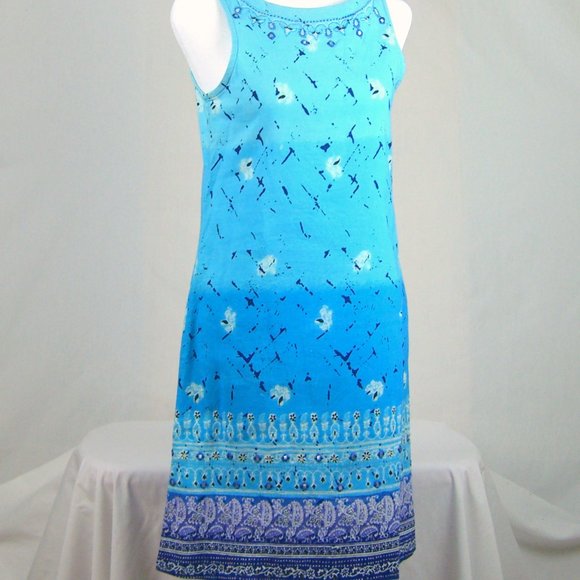 Blue Shift Sleeveless Dress Embroidered with Mirrored Squares Med Urban Safari - Picture 6 of 6